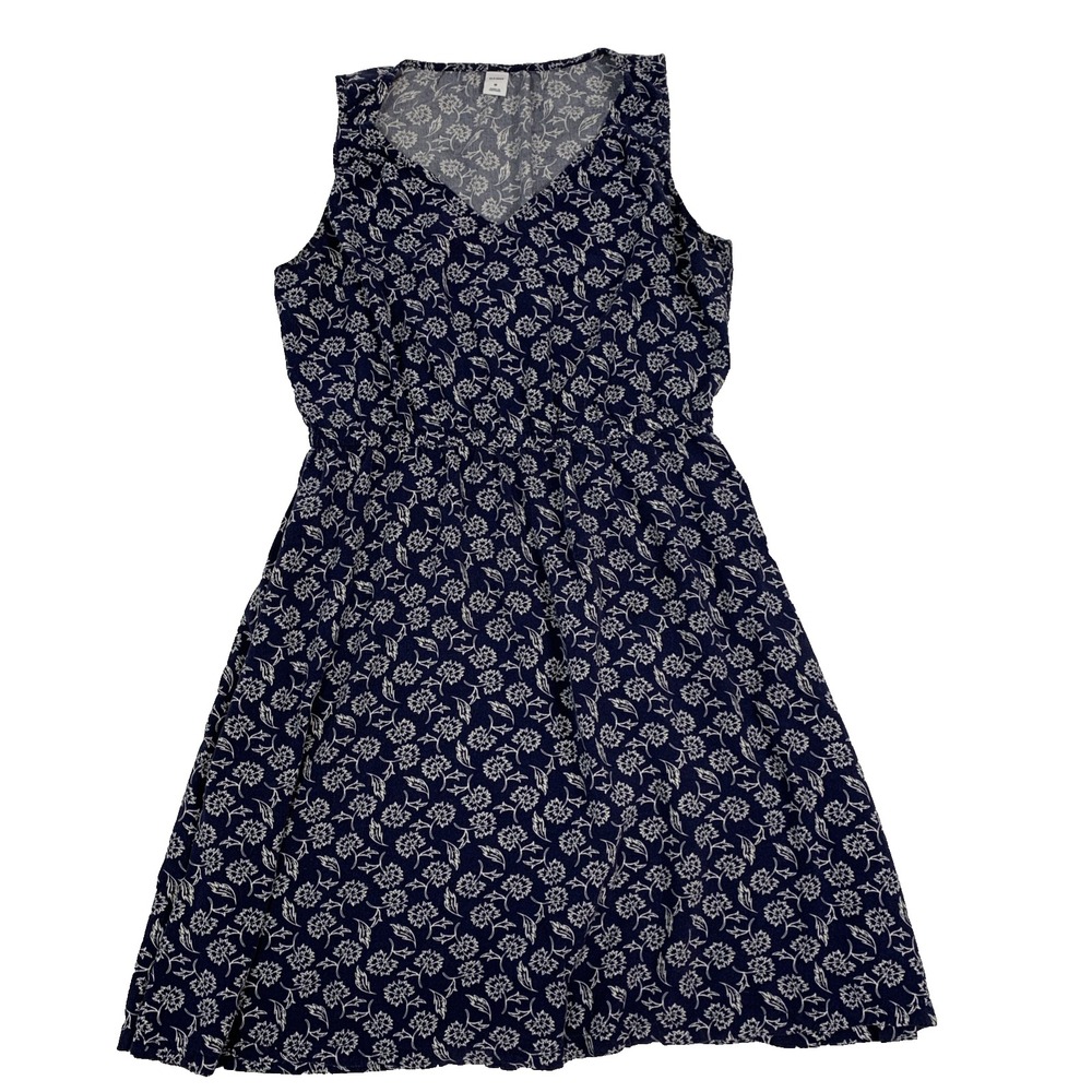 Old Navy Dress Women's Medium M Sleeveless Navy Blue White Floral Rayon V-Neck